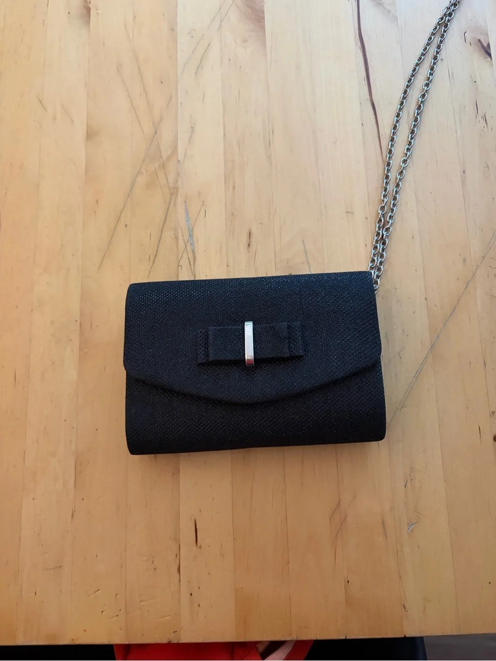 Gunne Sax Black Bow Crossbody Clutch with Silver Chain